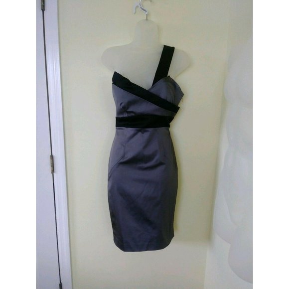 House of Dereon Dress Gray Black Strapless Overhead Strap On To 1 Shoulder Sz 4 - Picture 9 of 12